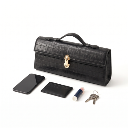 Women's Croc Faux Leather Top Handle Clutch, what fits inside