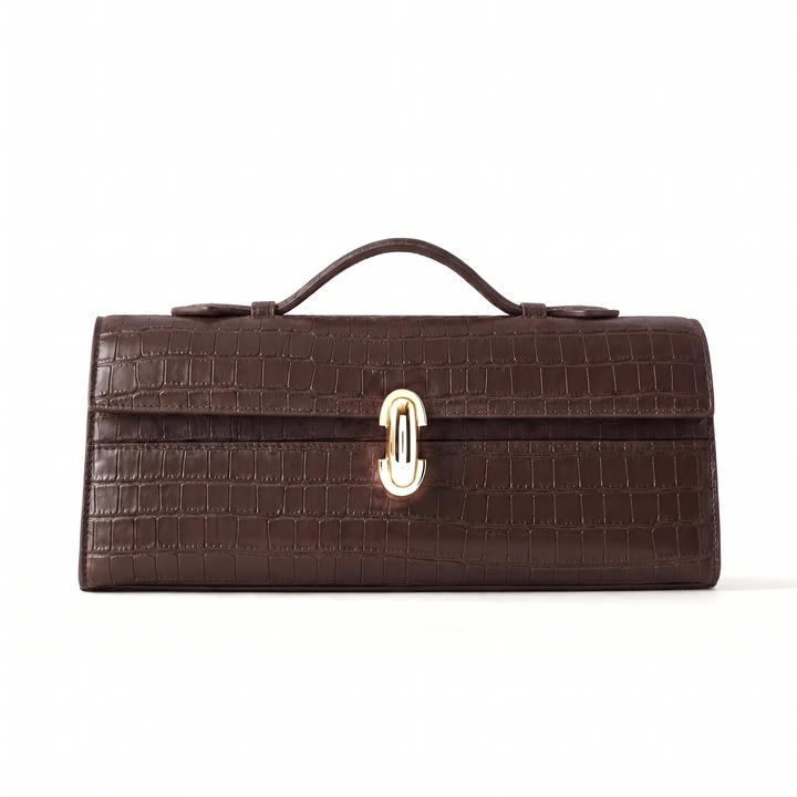 Women's Croc Faux Leather Top Handle Clutch, Black Long East West Bag — Coffee Brown