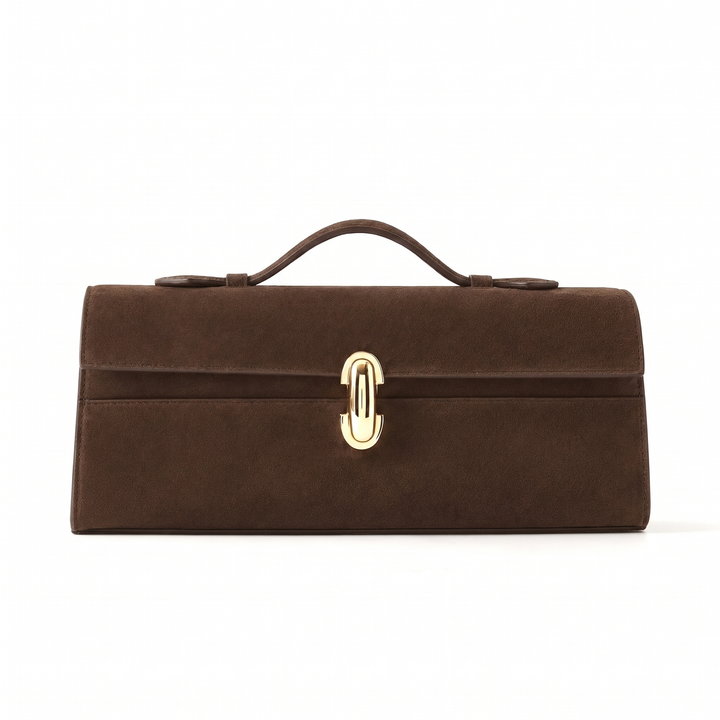Women's Croc Faux Leather Top Handle Clutch, Black Long East West Bag — Coffee Suede