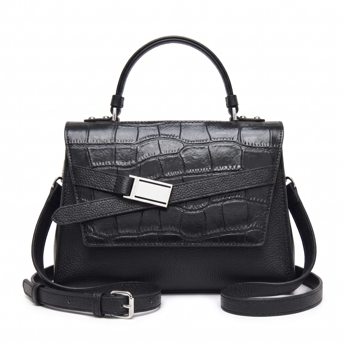 Women's Croc Faux Leather Top Handle Satchel in Black
