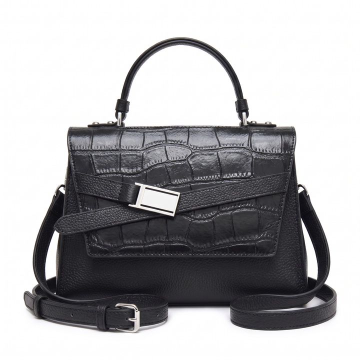 Women's Croc Faux Leather Top Handle Satchel, Dusty Blue Belted Flap Bag — Black