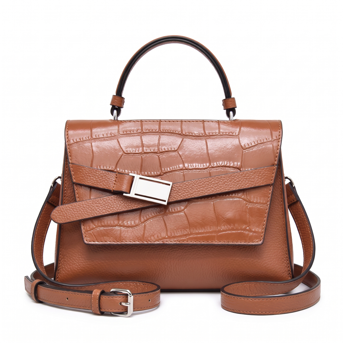 Women's Croc Faux Leather Top Handle Satchel in Cognac Brown
