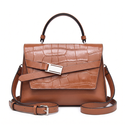 Women's Croc Faux Leather Top Handle Satchel in Cognac Brown