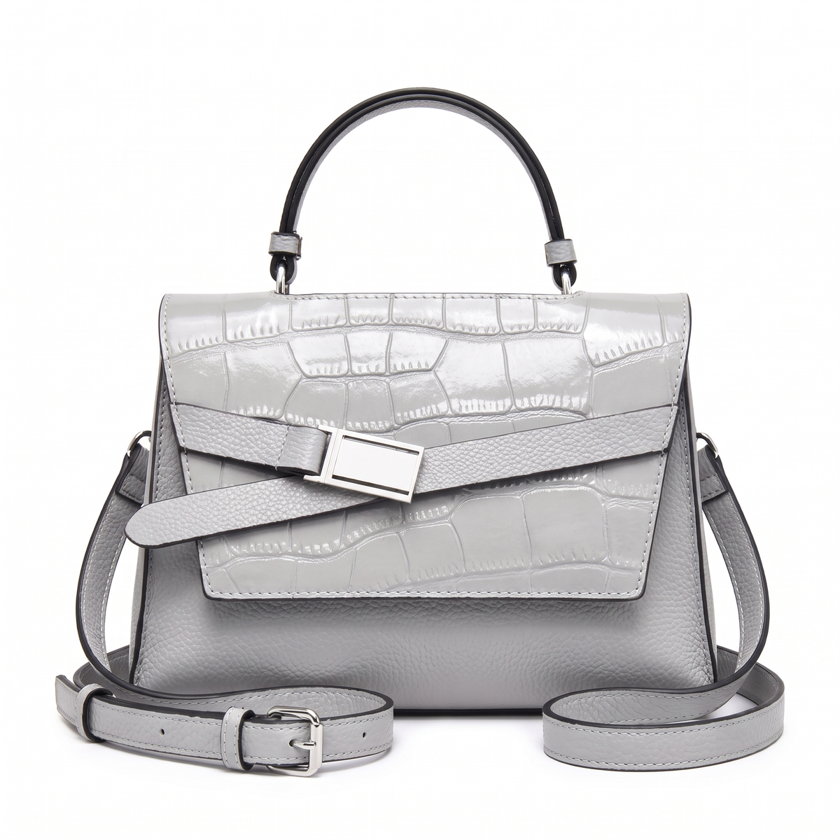 Women's Croc Faux Leather Top Handle Satchel in Light Grey