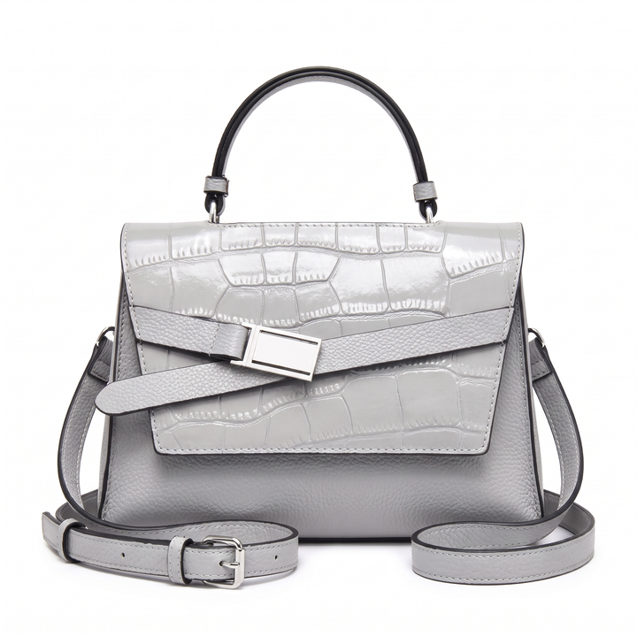Women's Croc Faux Leather Top Handle Satchel, Dusty Blue Belted Flap Bag — Light Grey