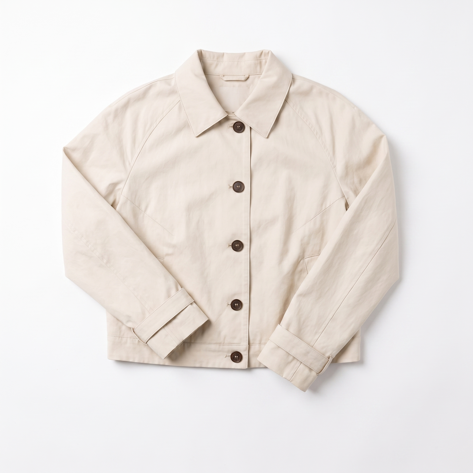 Sunoire womens cropped jacket button front classic collar garment flatlay 01