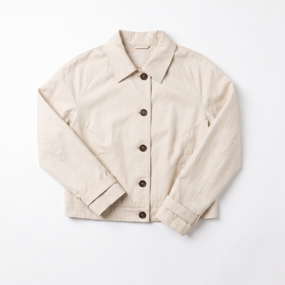 Sunoire womens cropped jacket button front classic collar garment flatlay 01