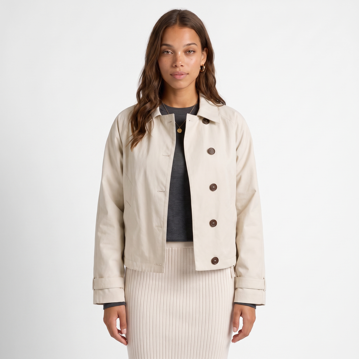 Sunoire womens cropped jacket button front classic collar top front crop 01