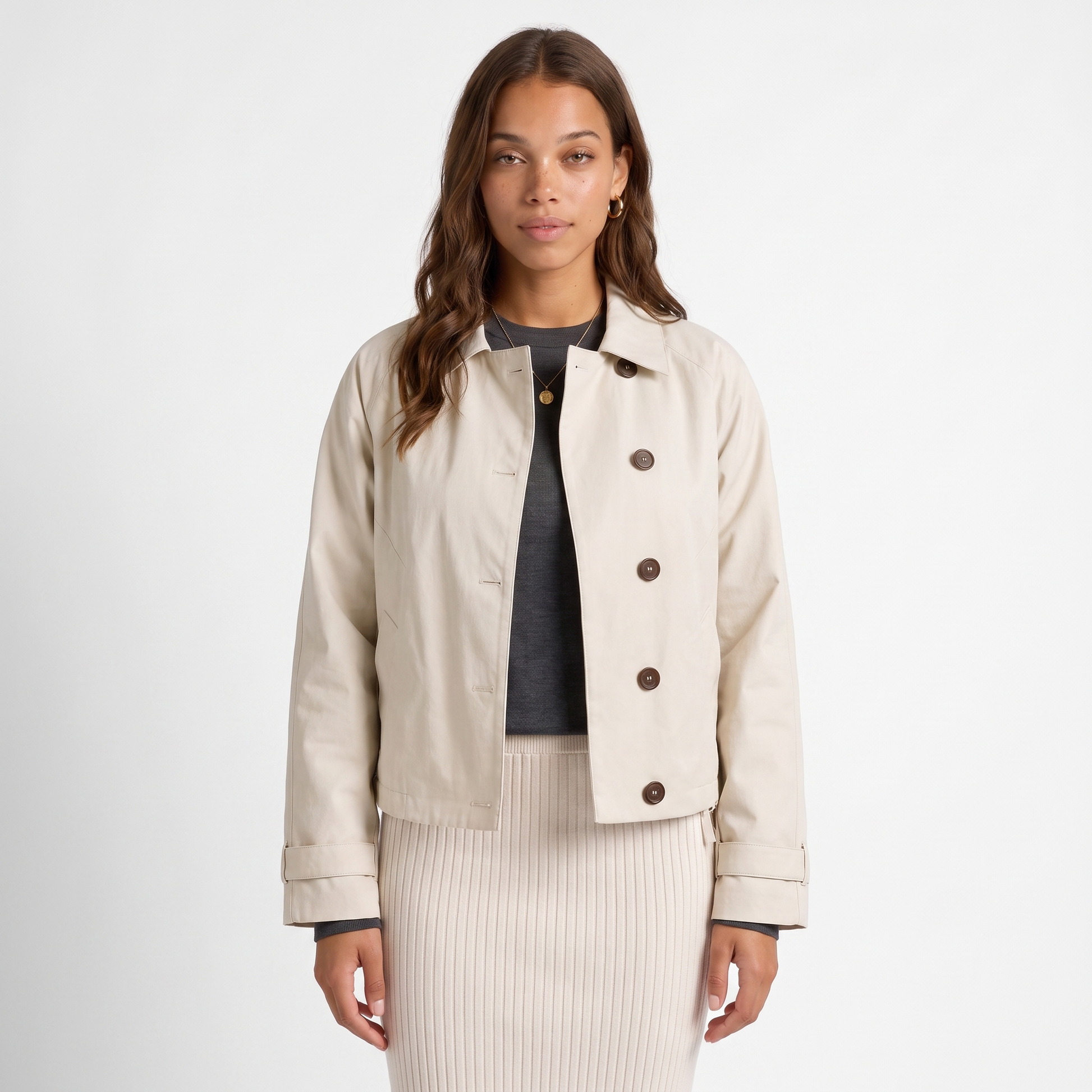 Sunoire womens cropped jacket button front classic collar top front crop 01