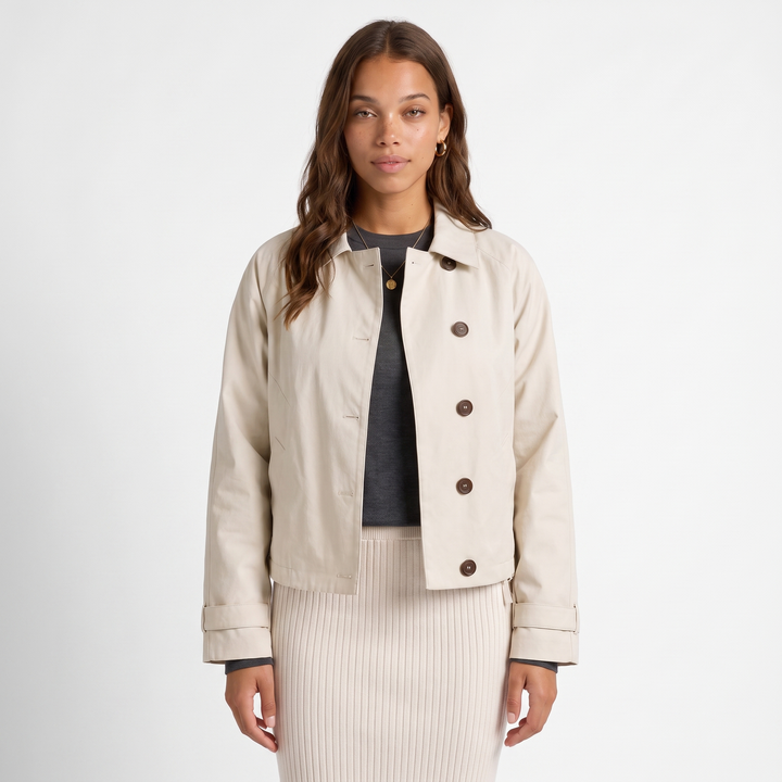 Sunoire womens cropped jacket button front classic collar top front crop 01