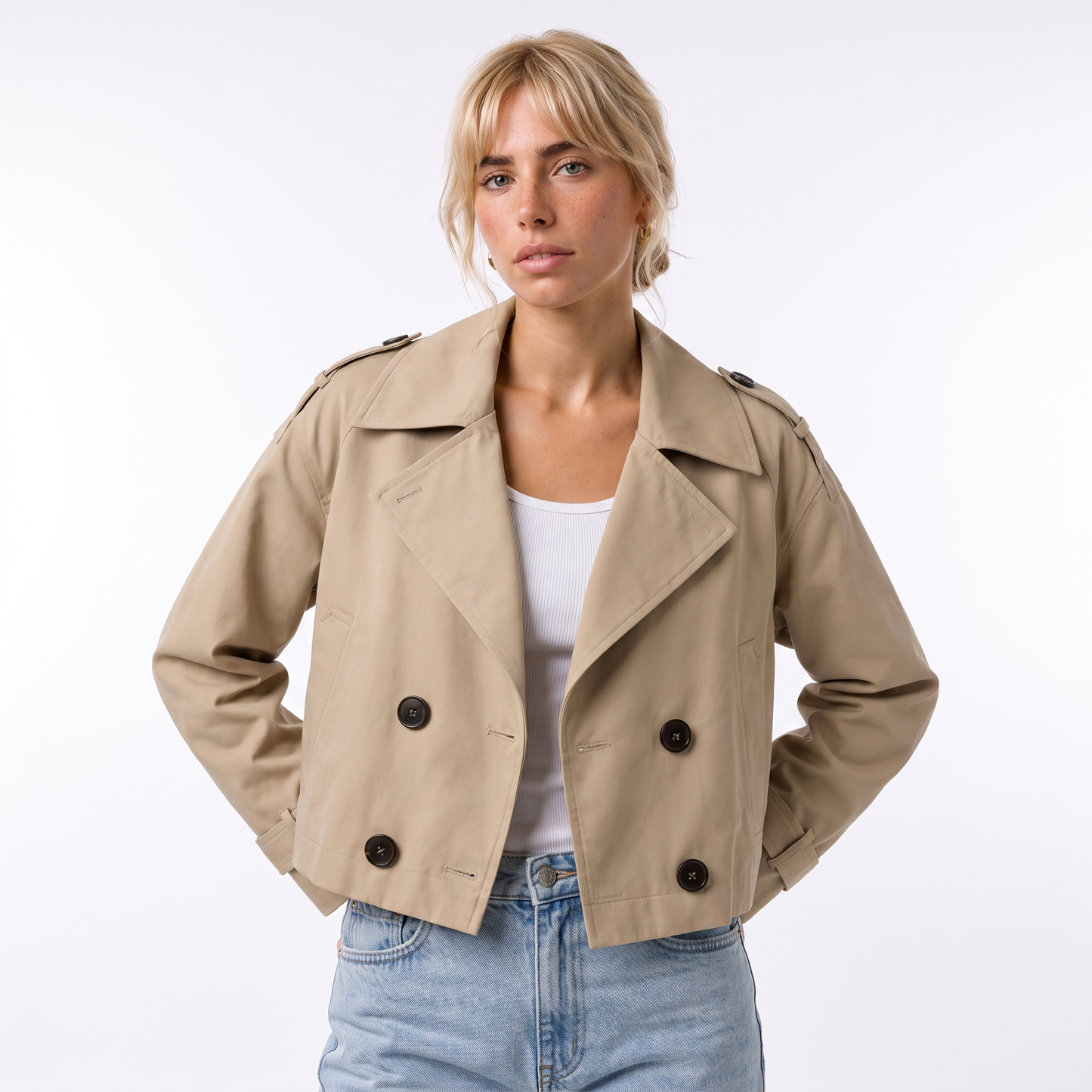 Sunoire womens cropped trench coat jacket colorway beige front crop 01
