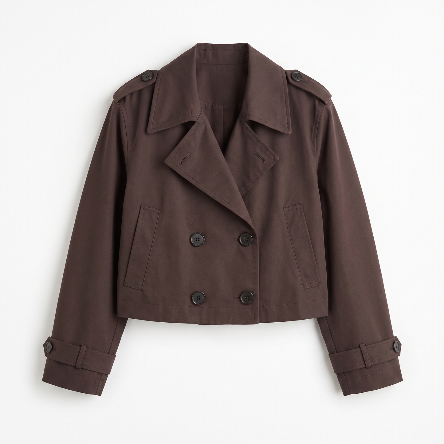 Sunoire womens cropped trench coat jacket garment flatlay 01