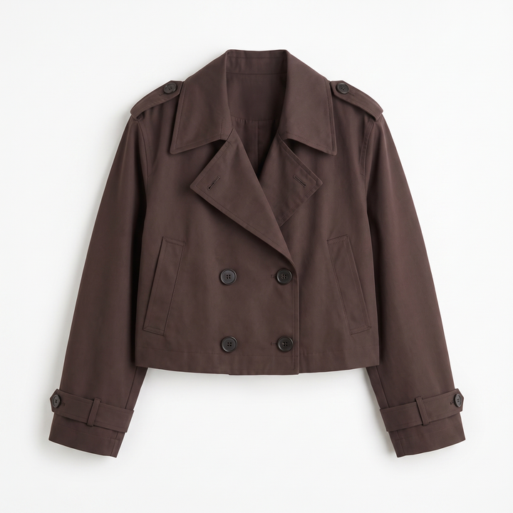 Sunoire womens cropped trench coat jacket garment flatlay 01