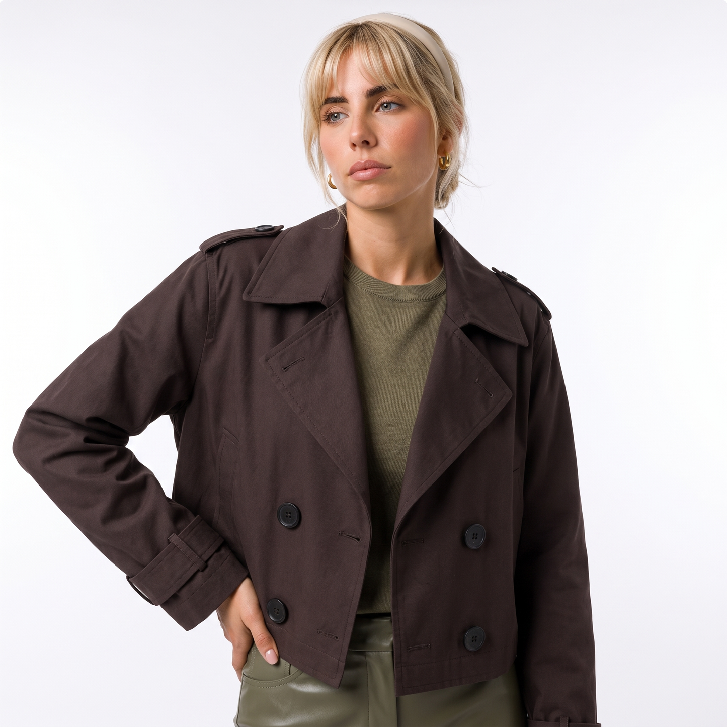 Sunoire womens cropped trench coat jacket top detail 01