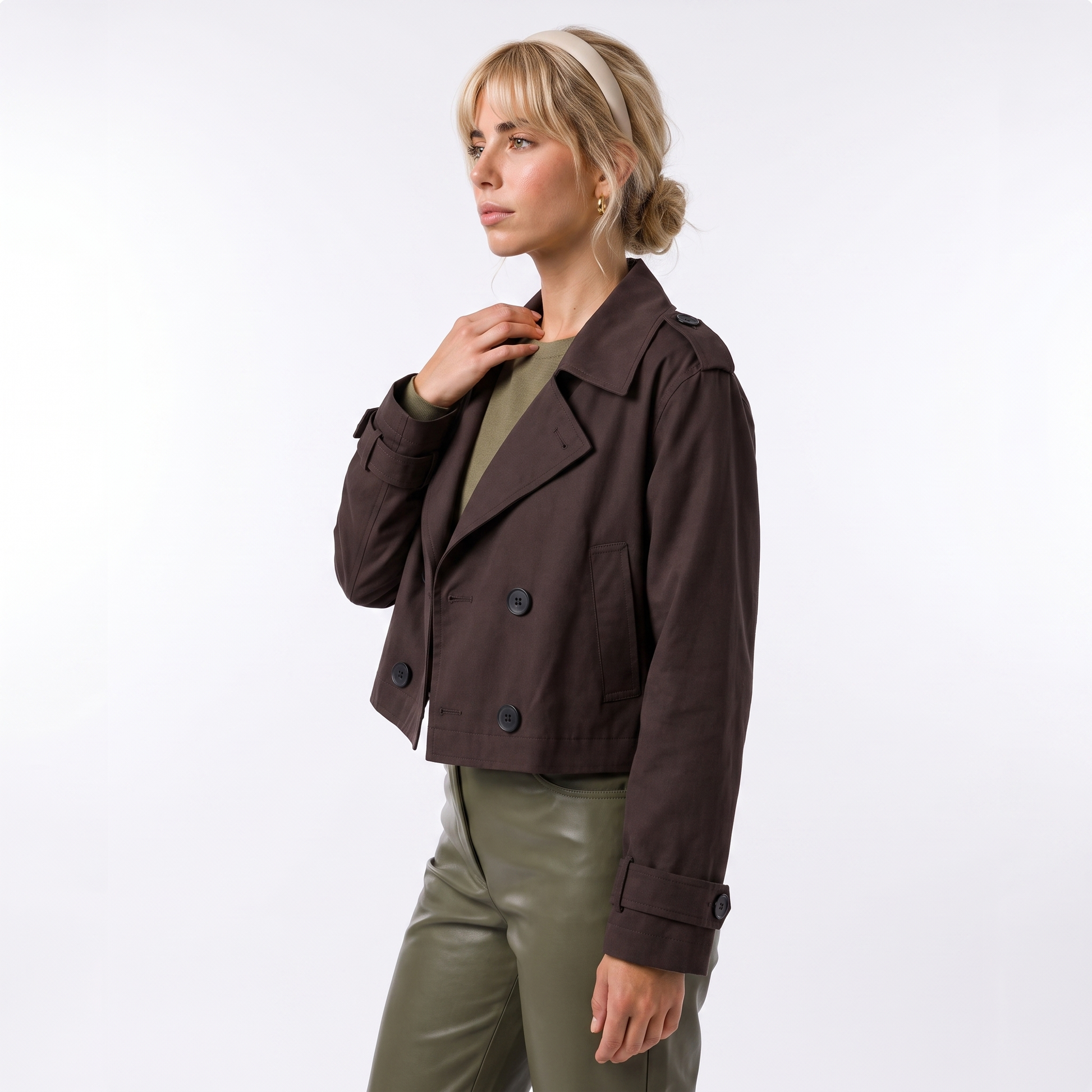 Sunoire womens cropped trench coat jacket top side crop 01