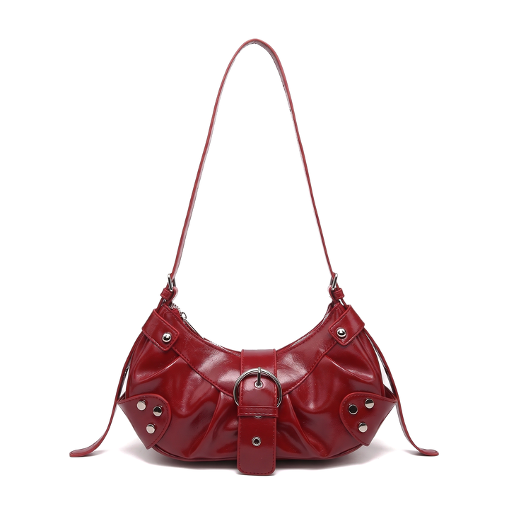 Women's Distressed Vegan Leather Clutch Shoulder Bag, Dark Brown Studded Buckle Bag — Cherry Red