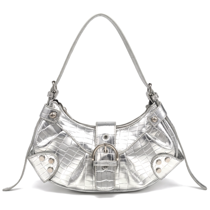 Women's Distressed Vegan Leather Clutch Shoulder Bag in Silver Croc