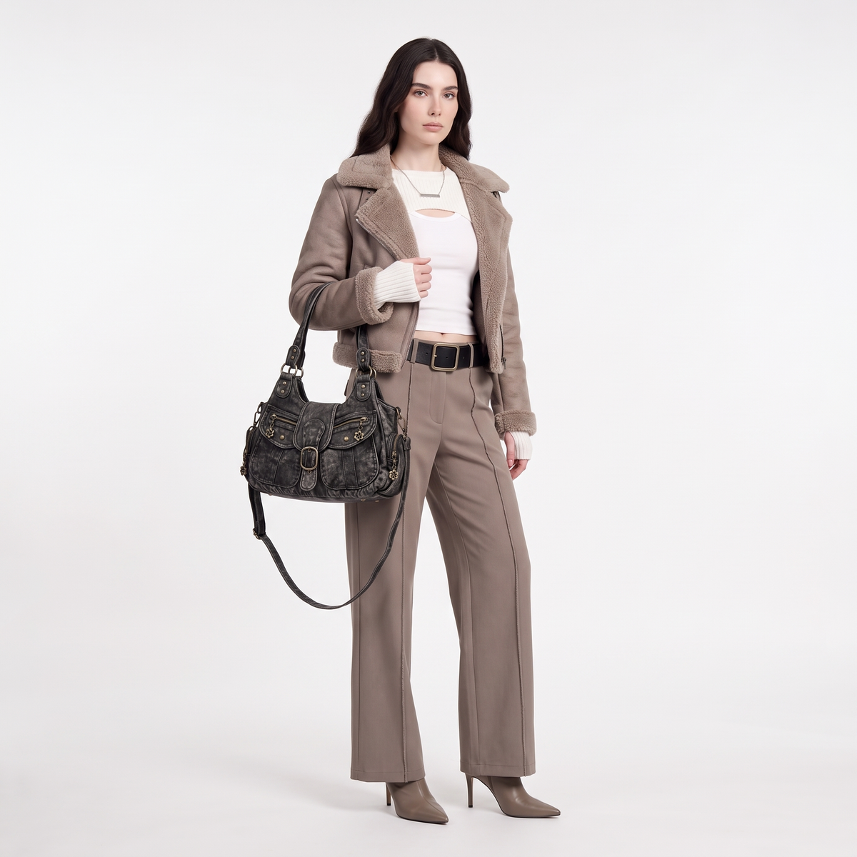 Women's Distressed Denim Shoulder Bag, worn by a model