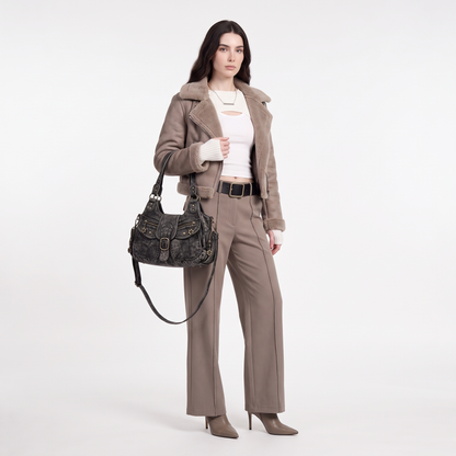 Women's Distressed Denim Shoulder Bag, worn by a model