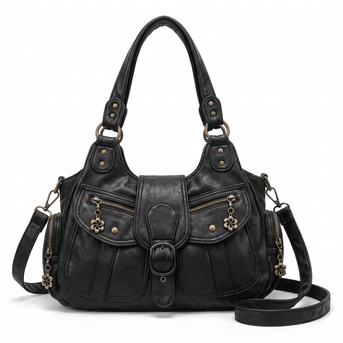 Women's Distressed Denim Shoulder Bag in Black