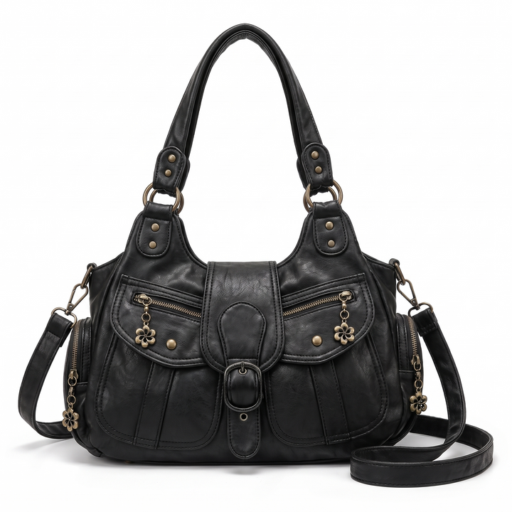 Women's Distressed Denim Shoulder Bag, Black Y2K Buckle Moto Bag — Black