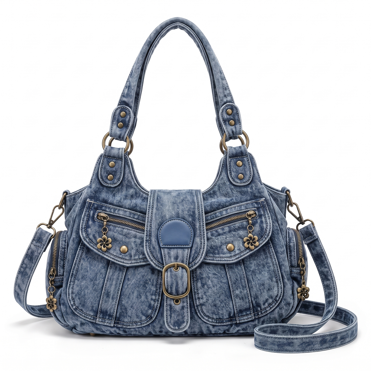 Women's Distressed Denim Shoulder Bag in Denim Blue