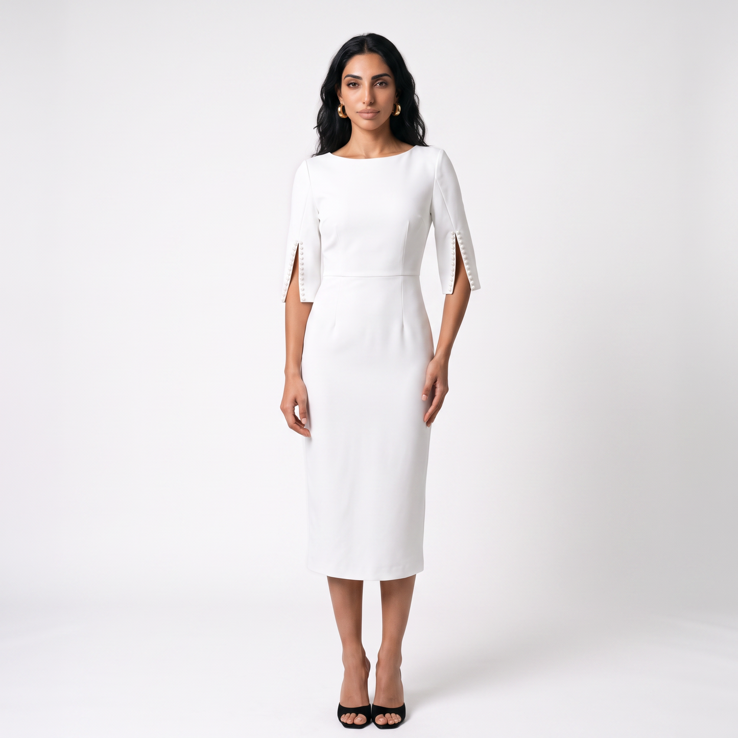 Sunoire womens elegant pearl embellished midi dress chic bodycon cape sleeve cocktail dress colorway white front hero 01