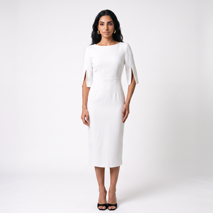 Sunoire womens elegant pearl embellished midi dress chic bodycon cape sleeve cocktail dress colorway white front hero 01