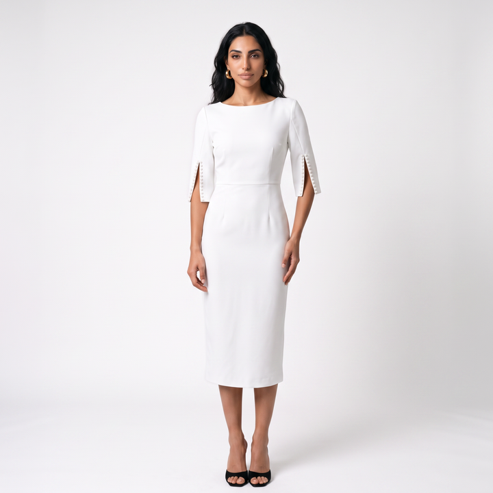 Sunoire womens elegant pearl embellished midi dress chic bodycon cape sleeve cocktail dress colorway white front hero 01