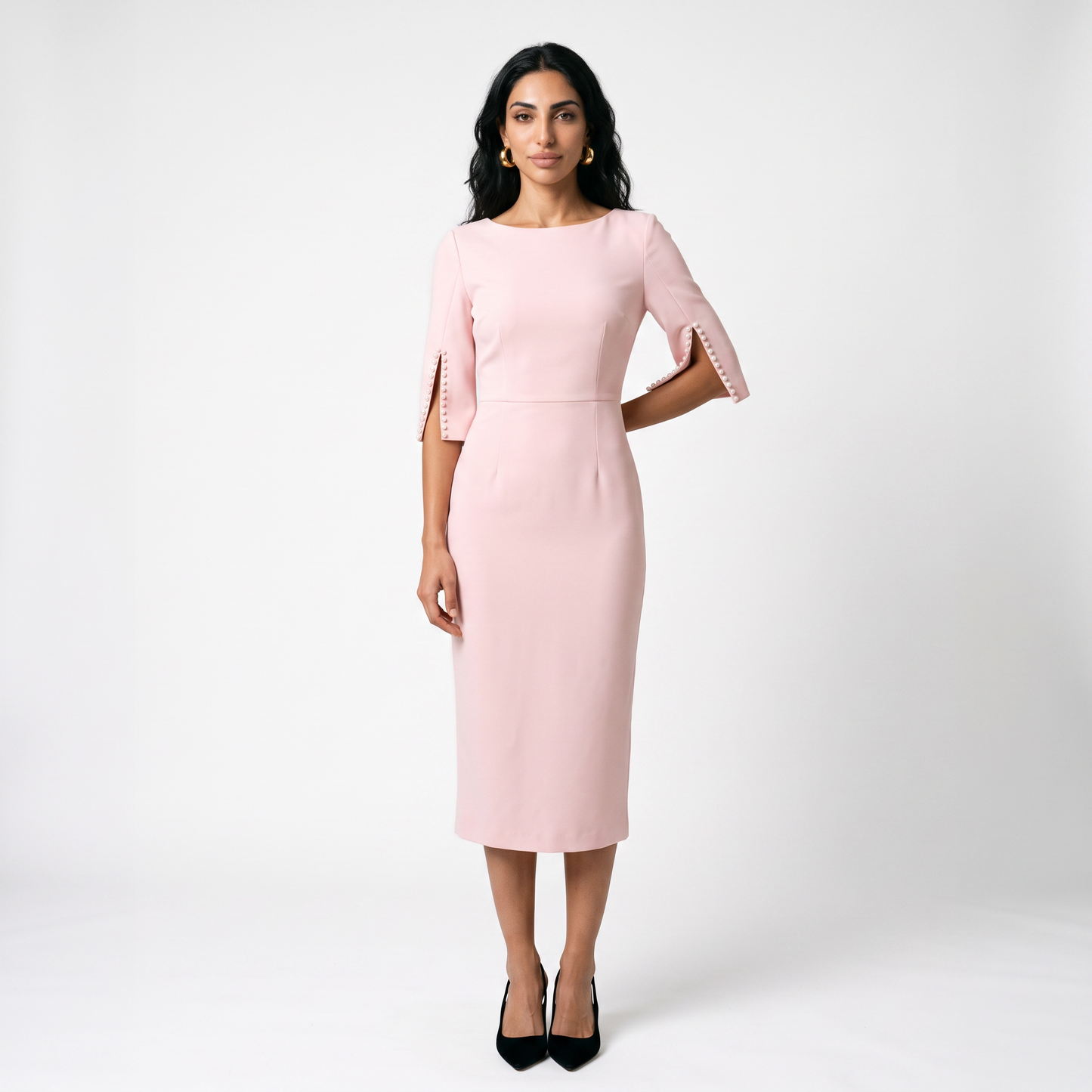 Sunoire womens elegant pearl embellished midi dress chic bodycon cape sleeve cocktail dress front hero 01