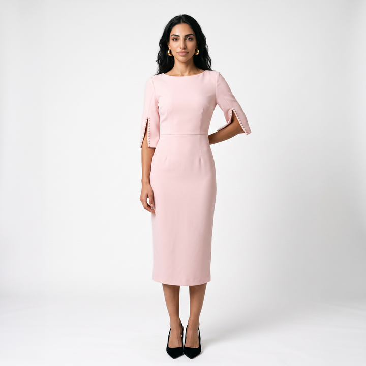 Sunoire womens elegant pearl embellished midi dress chic bodycon cape sleeve cocktail dress front hero 01