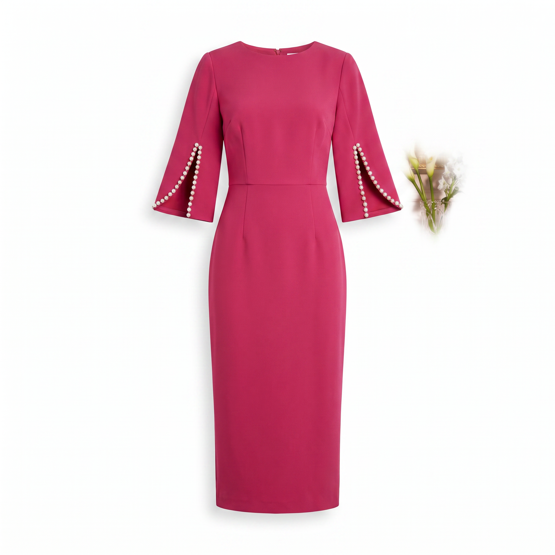 Sunoire womens elegant pearl embellished midi dress chic bodycon cape sleeve cocktail dress garment flatlay 01