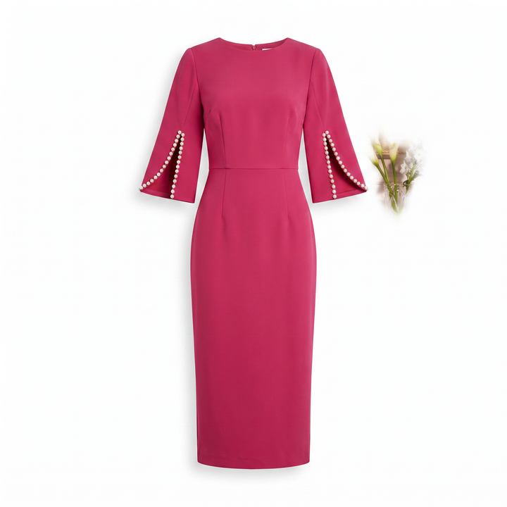 Sunoire womens elegant pearl embellished midi dress chic bodycon cape sleeve cocktail dress garment flatlay 01