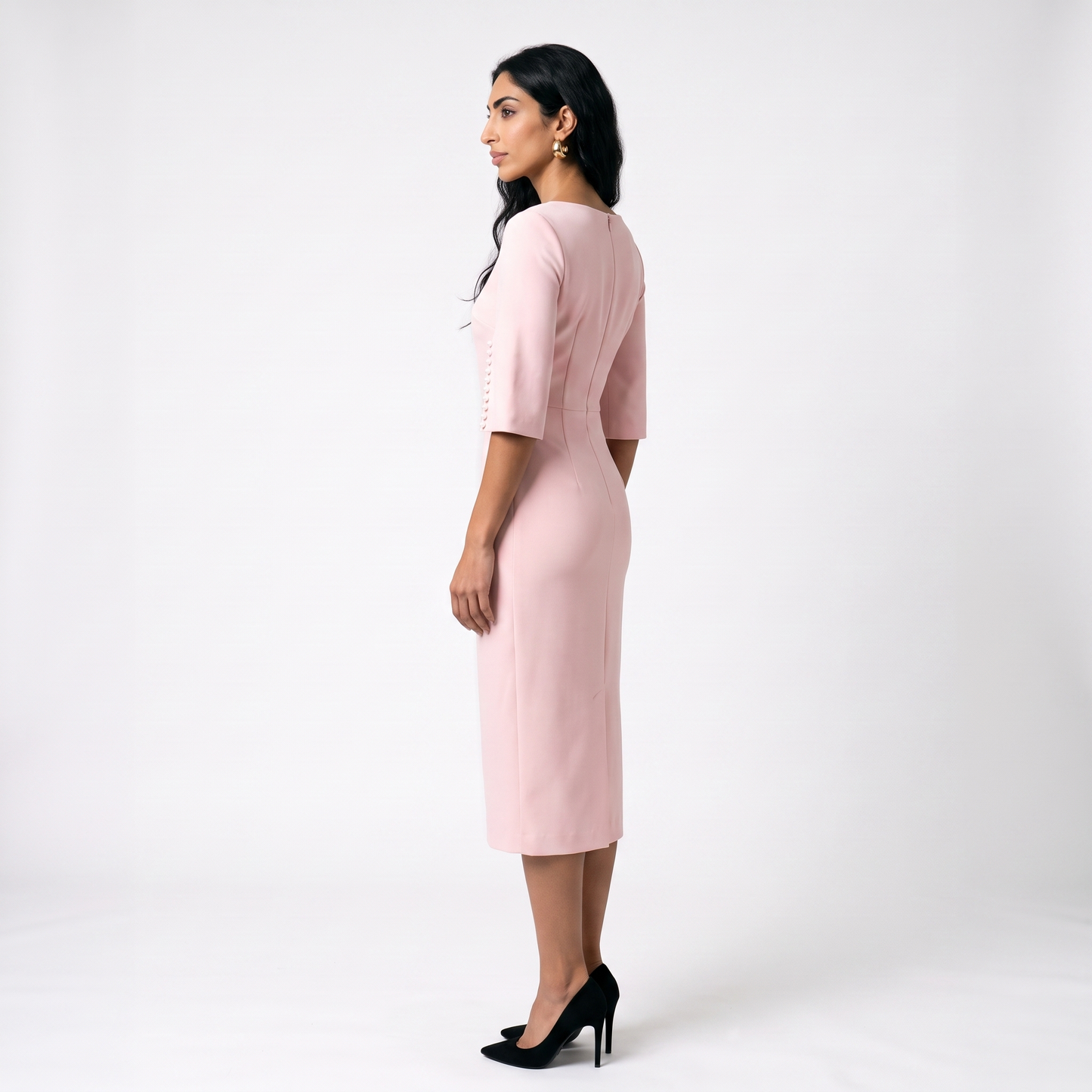 Sunoire womens elegant pearl embellished midi dress chic bodycon cape sleeve cocktail dress side view 01