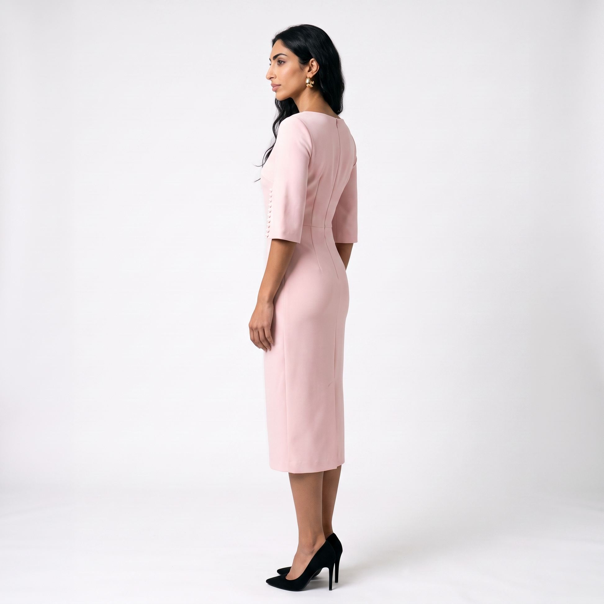 Sunoire womens elegant pearl embellished midi dress chic bodycon cape sleeve cocktail dress side view 01
