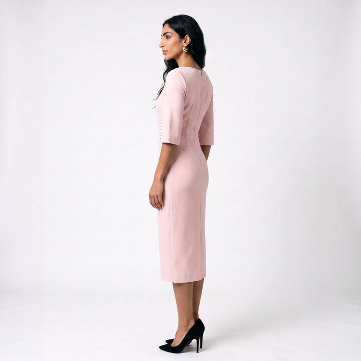 Sunoire womens elegant pearl embellished midi dress chic bodycon cape sleeve cocktail dress side view 01