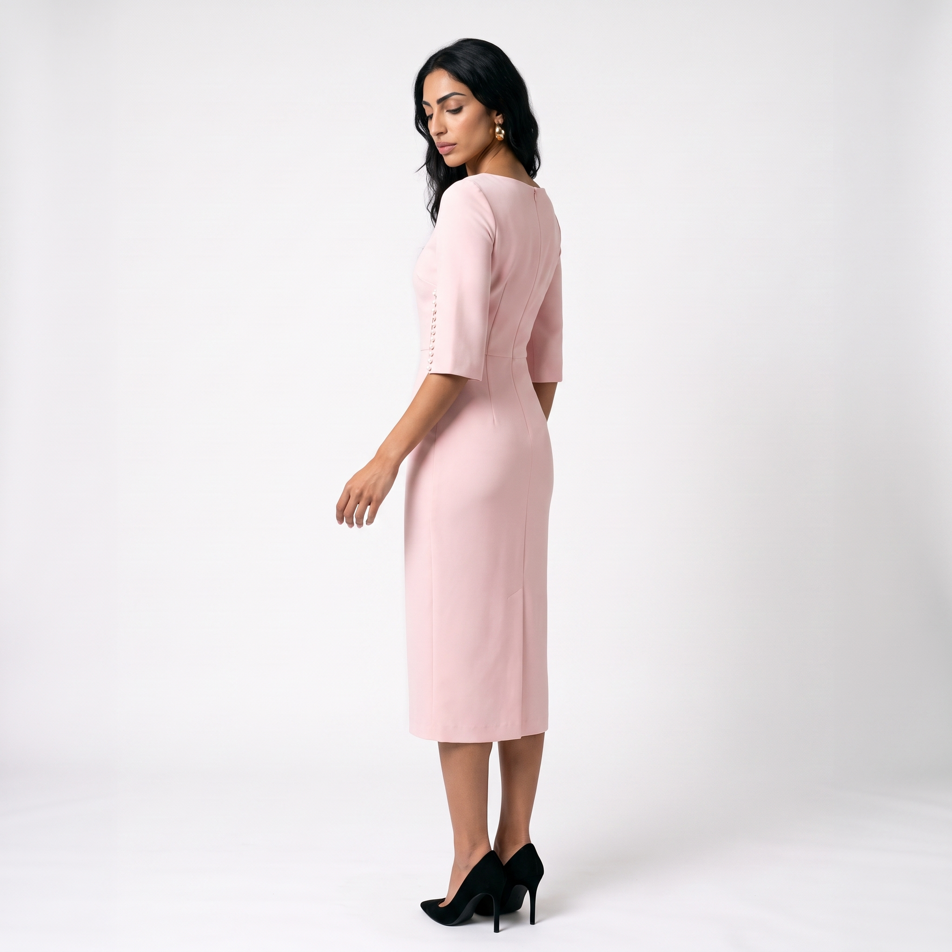 Sunoire womens elegant pearl embellished midi dress chic bodycon cape sleeve cocktail dress three quarter 01
