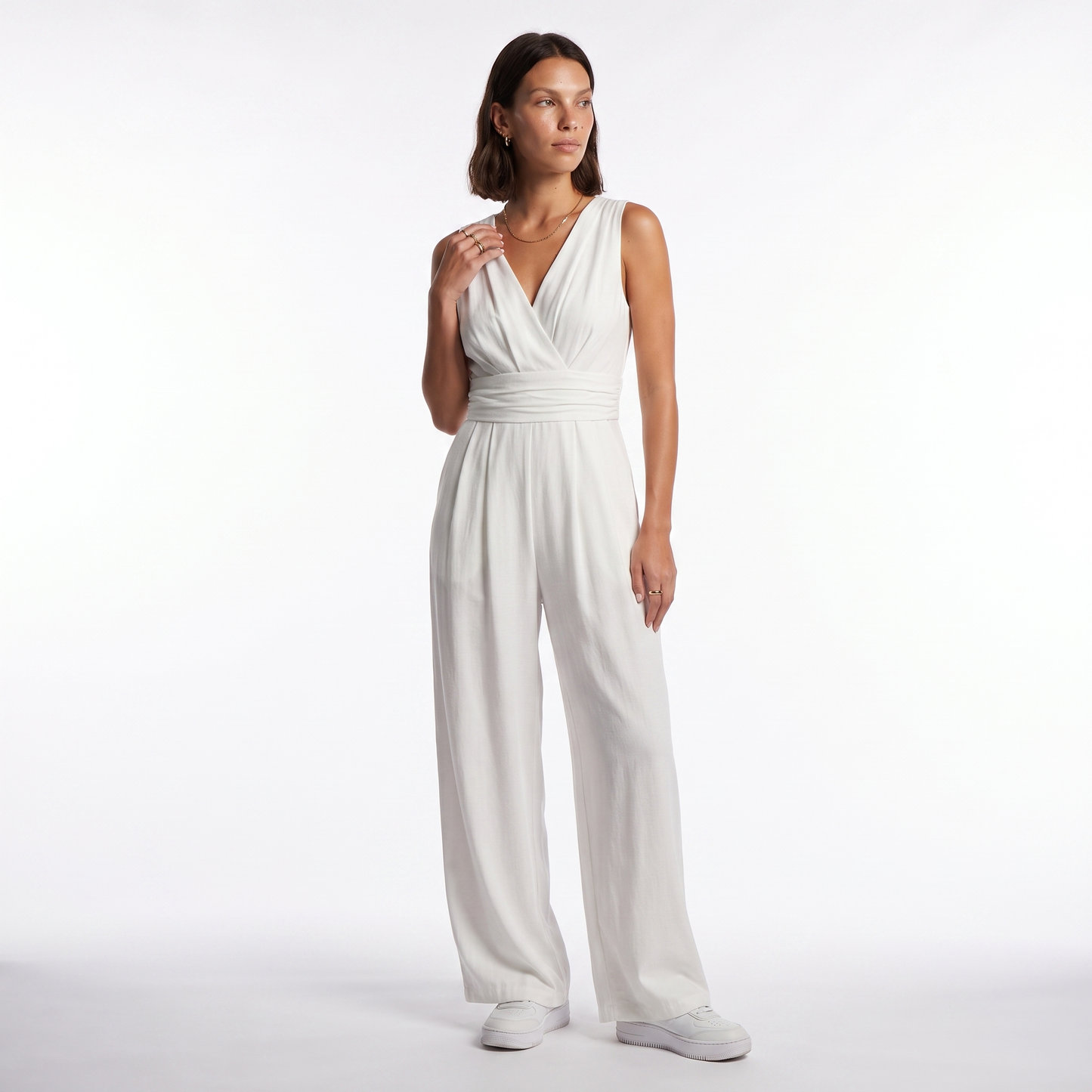 Sunoire womens elegant v neck jumpsuit sophisticated sleeveless wide leg design colorway white front hero 01