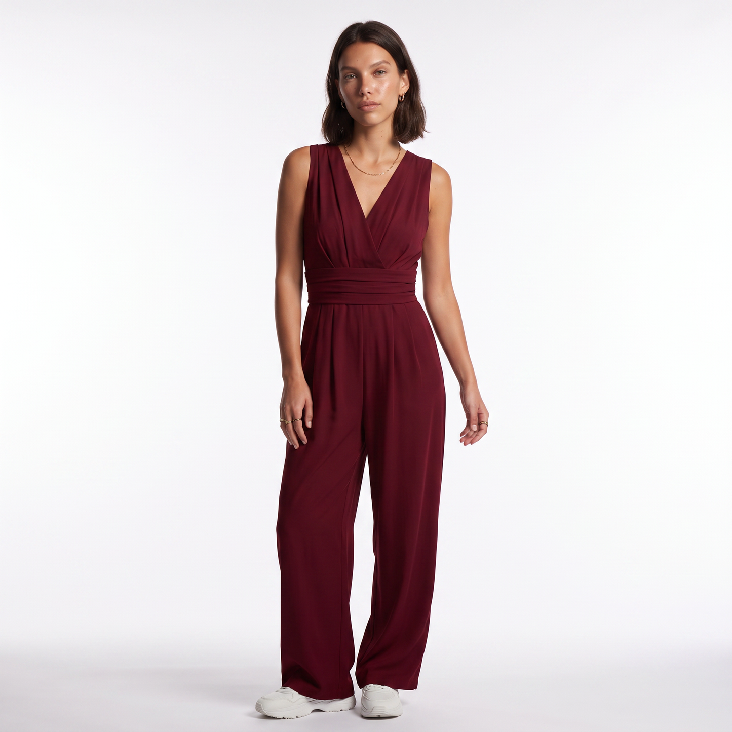 Sunoire womens elegant v neck jumpsuit sophisticated sleeveless wide leg design colorway wine red front hero 01