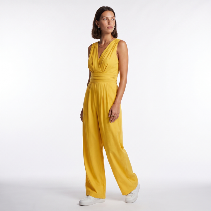 Sunoire womens elegant v neck jumpsuit sophisticated sleeveless wide leg design colorway yellow front hero 01