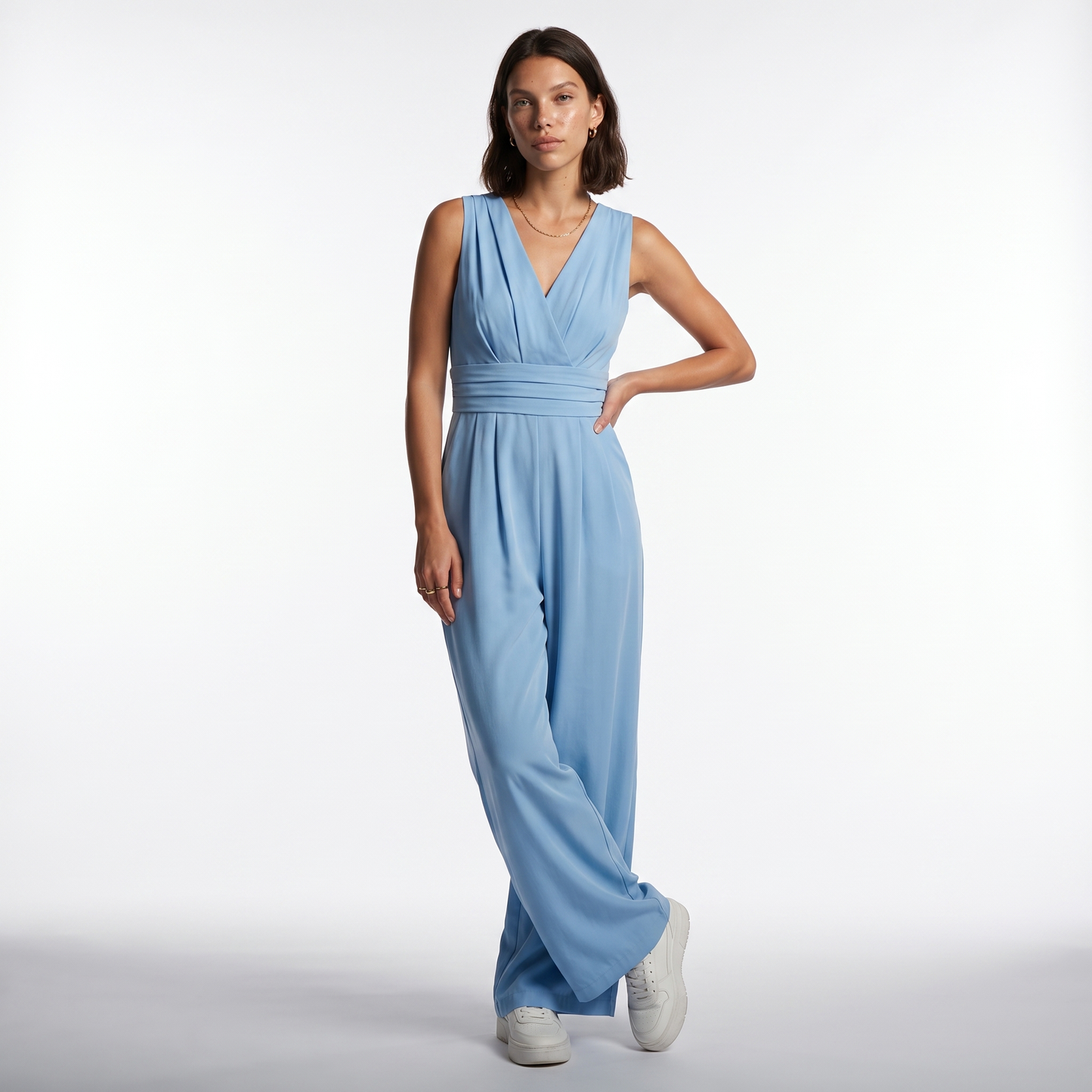 Sunoire womens elegant v neck jumpsuit sophisticated sleeveless wide leg design front hero 01