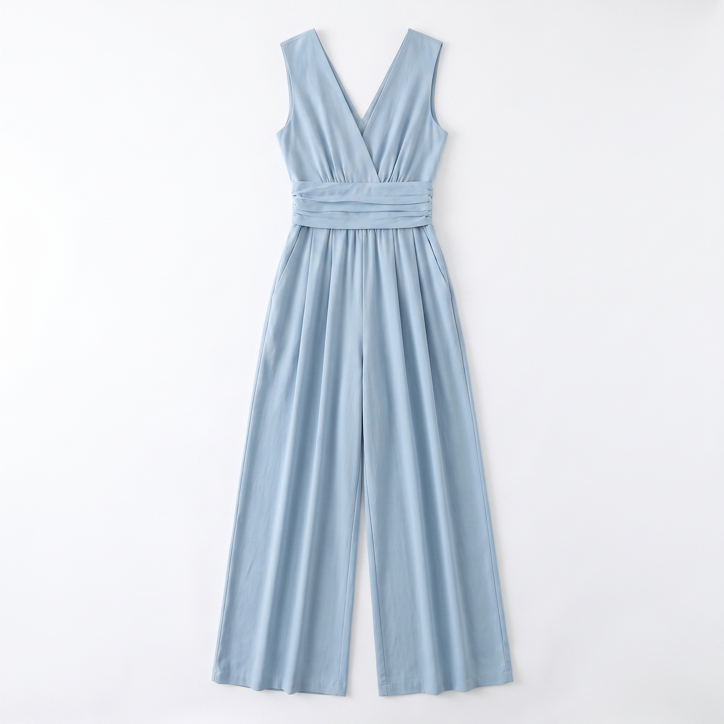 Sunoire womens elegant v neck jumpsuit sophisticated sleeveless wide leg design garment flatlay 01