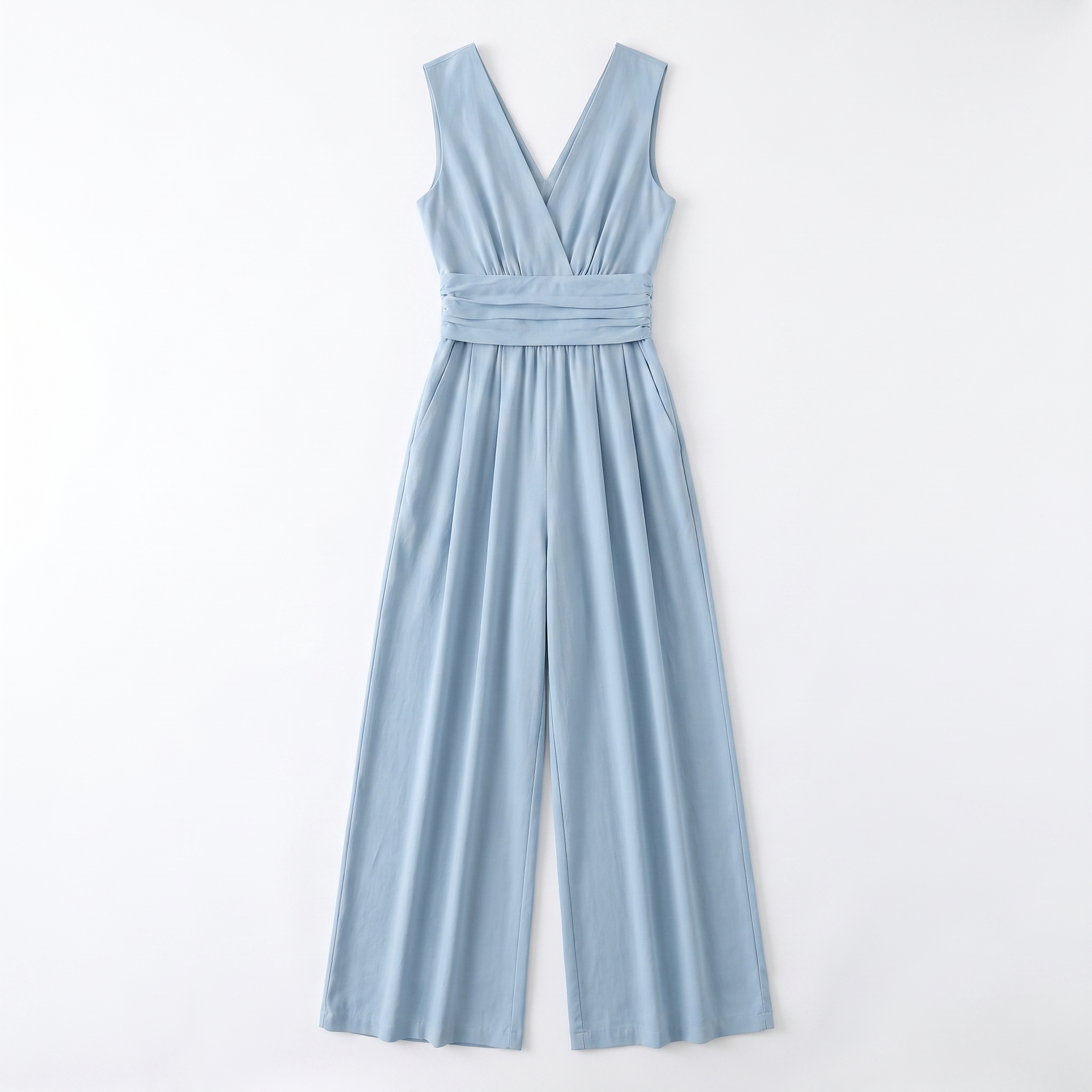 Sunoire womens elegant v neck jumpsuit sophisticated sleeveless wide leg design garment flatlay 01