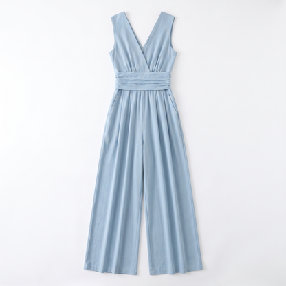 Sunoire womens elegant v neck jumpsuit sophisticated sleeveless wide leg design garment flatlay 01