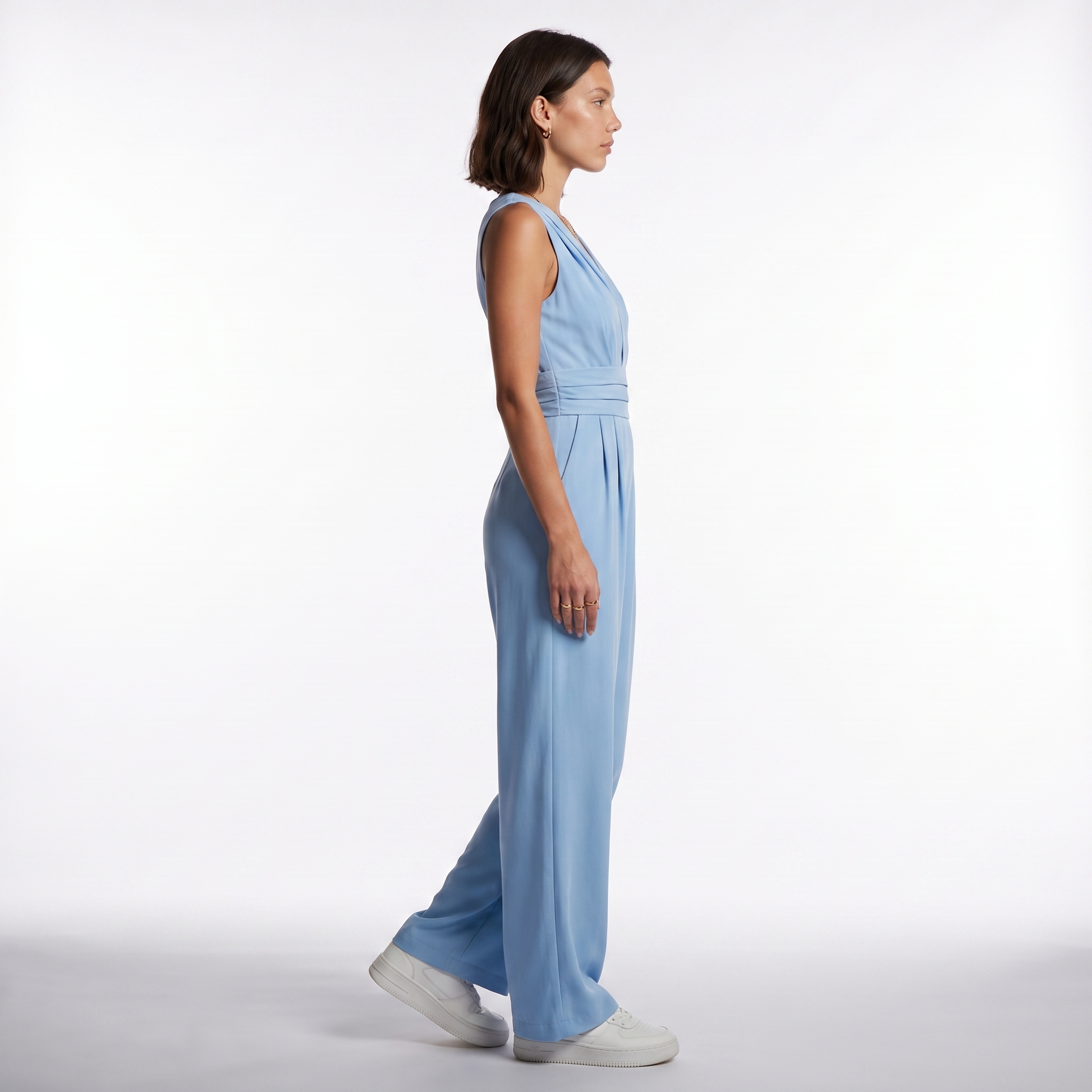 Sunoire womens elegant v neck jumpsuit sophisticated sleeveless wide leg design side view 01