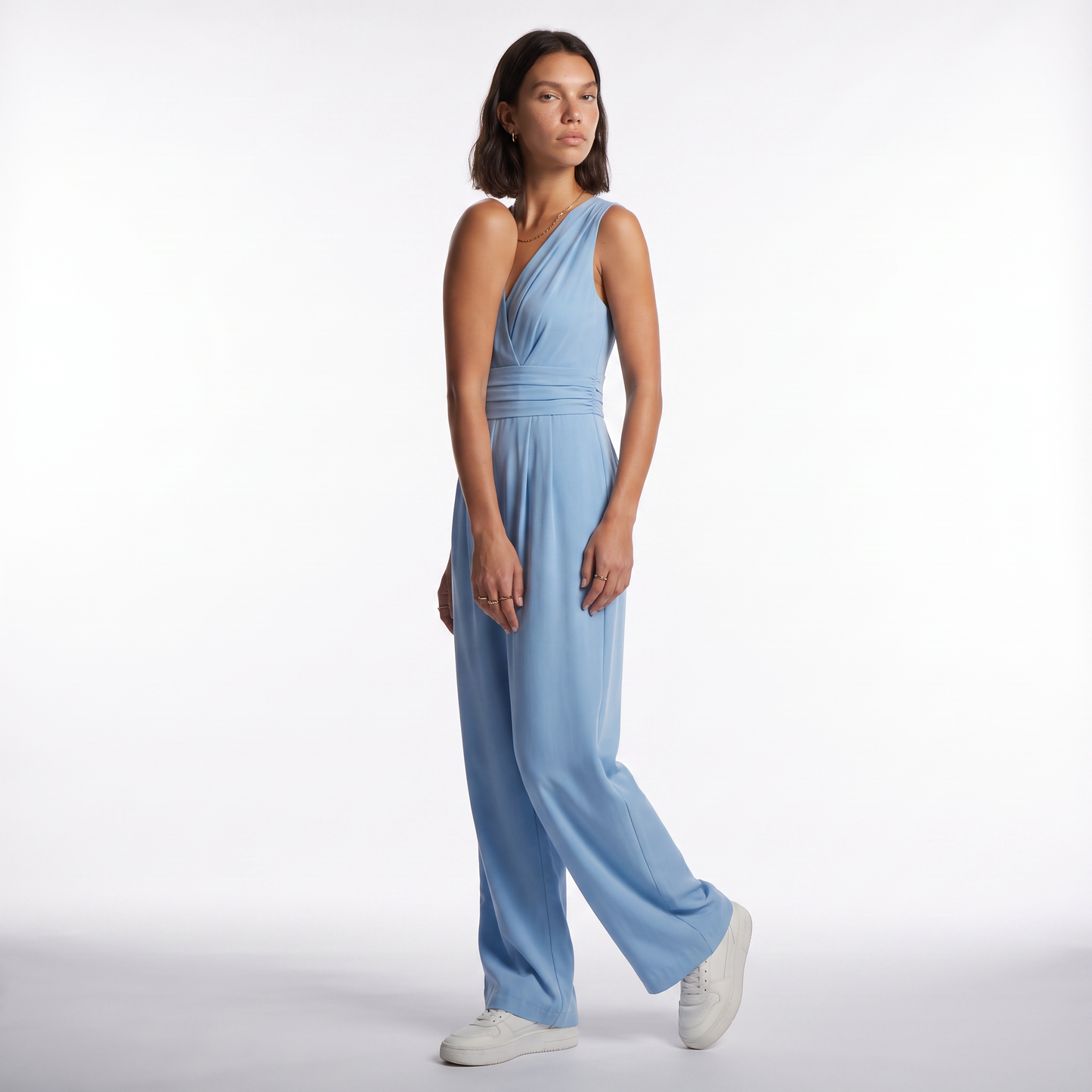 Sunoire womens elegant v neck jumpsuit sophisticated sleeveless wide leg design three quarter 01