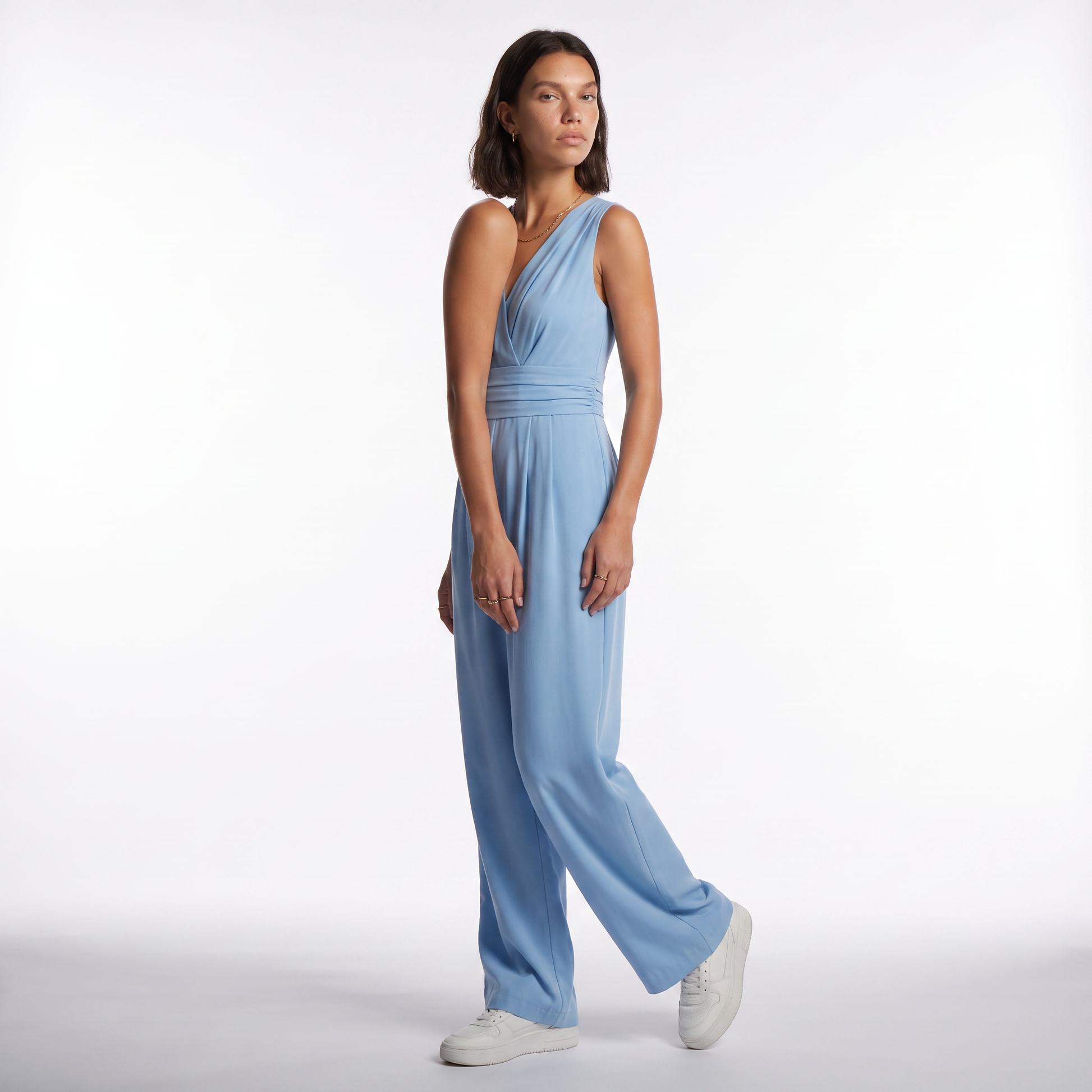 Sunoire womens elegant v neck jumpsuit sophisticated sleeveless wide leg design three quarter 01