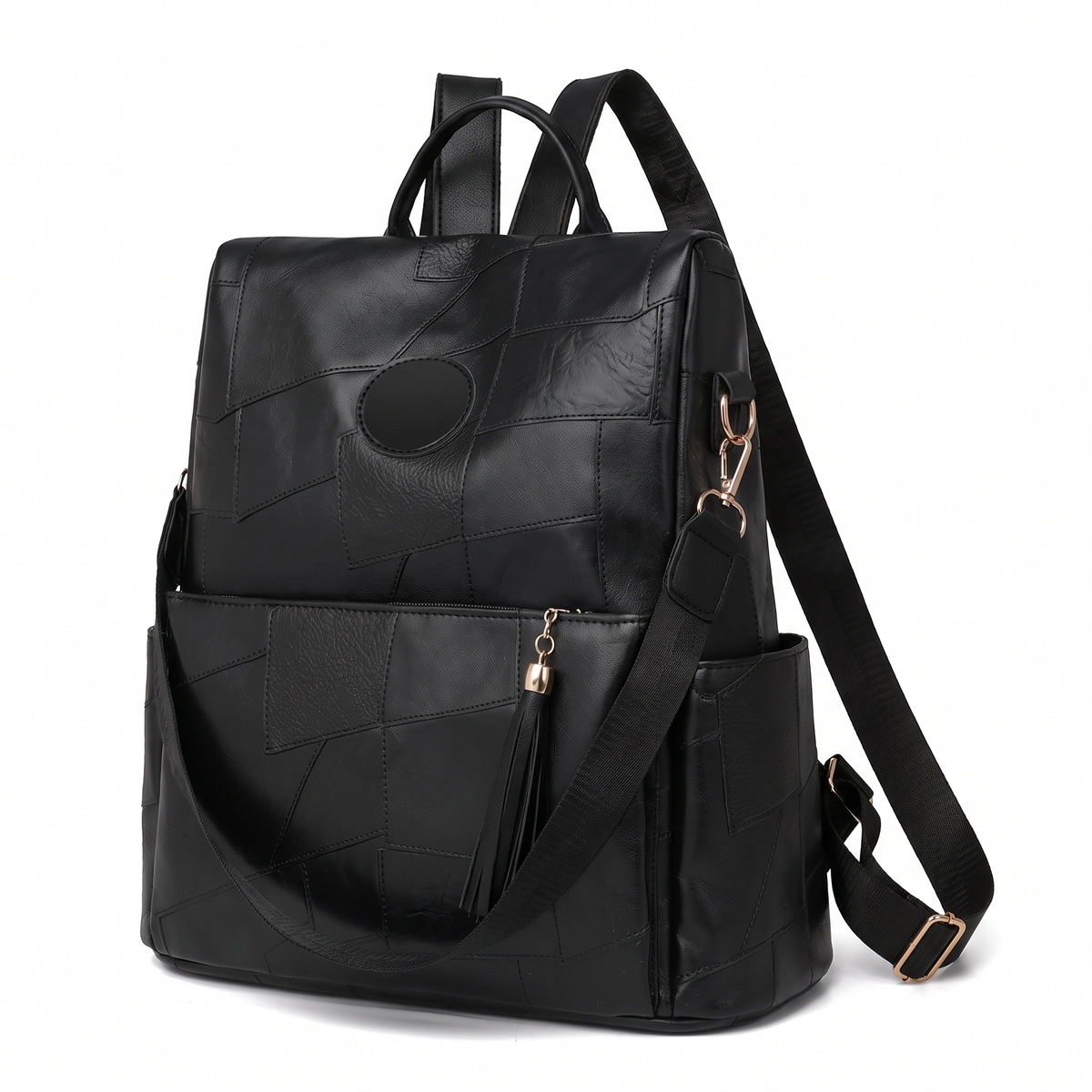 Women's Faux Leather Back Zip Backpack, three-quarter view