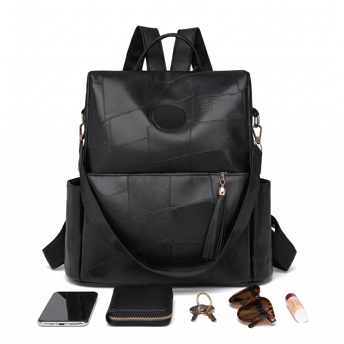 Women's Faux Leather Back Zip Backpack, what fits inside