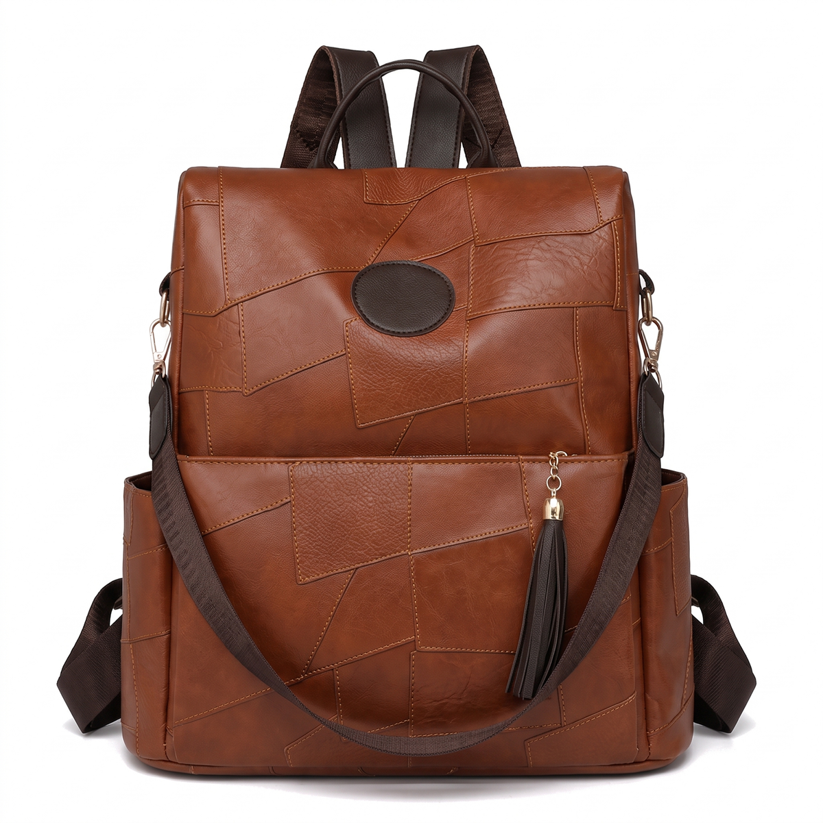 Women's Faux Leather Back Zip Backpack in Chestnut Brown